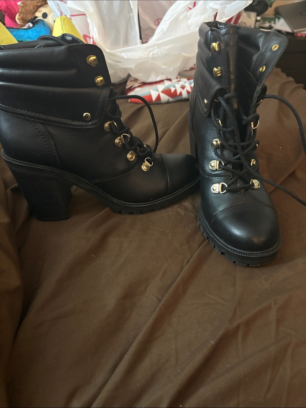 G by Guess Black Lace-Up Chunky Heel Combat Boots with Gold Hardware